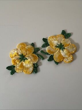 Vintage Yellow Embroidered Flower Applique with Green Leaves - Pair